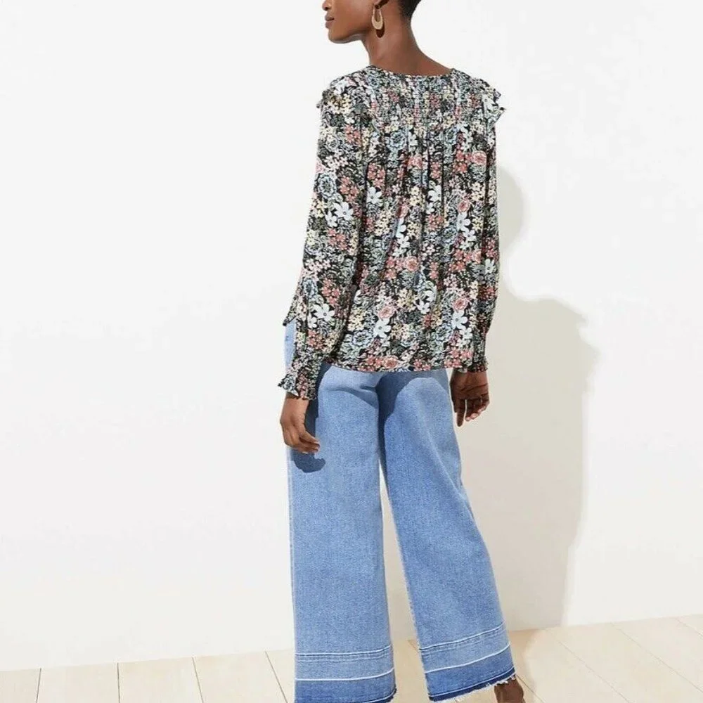 Ann Taylor LOFT Bouquet Floral Smocked Shoulder V-Neck Blouse - Picture 6 of 8